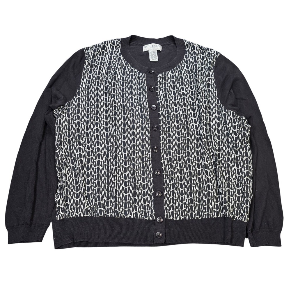 Sag Harbor Cardigan Sweater Woman's Size 2X Black White Geometric Chain Link